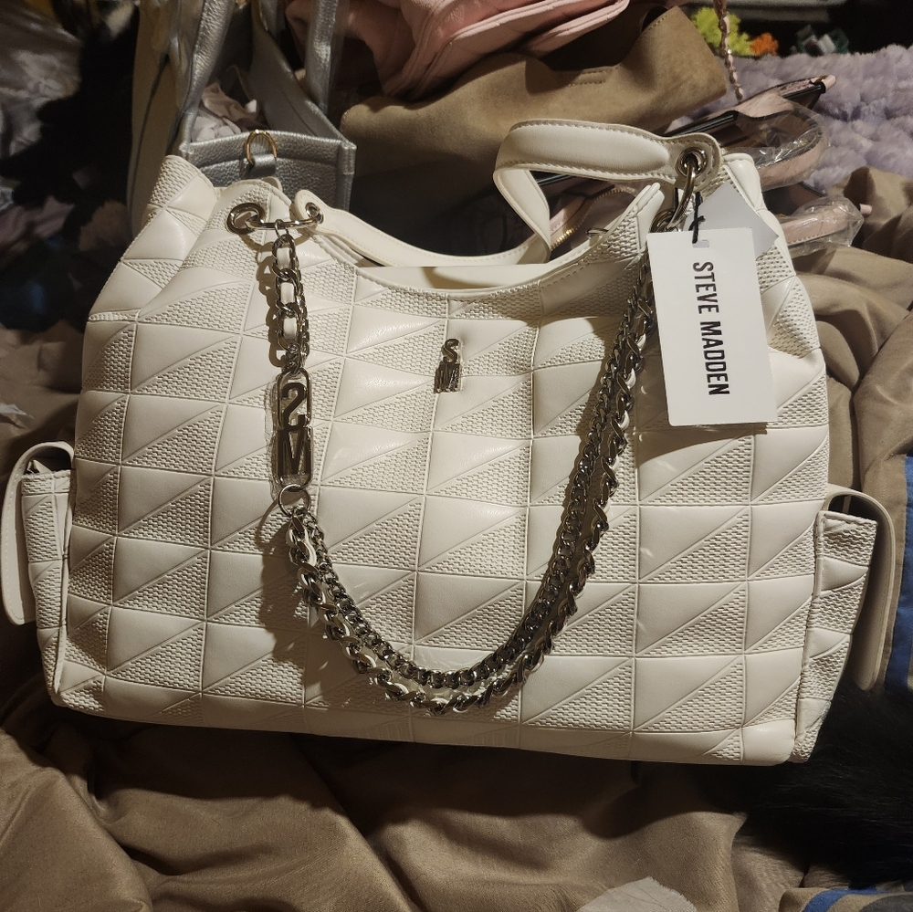 Steve Madden Cream Quilted Chain-Accent Shoulder Bag